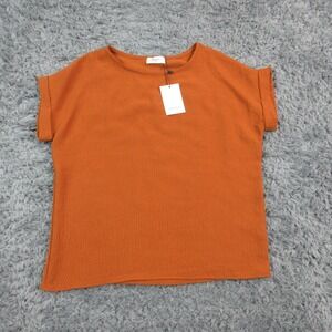 Monteri Shirt Womens Small Petite Brown Boat Neck Cap Sleeve Blouse Casual NWT